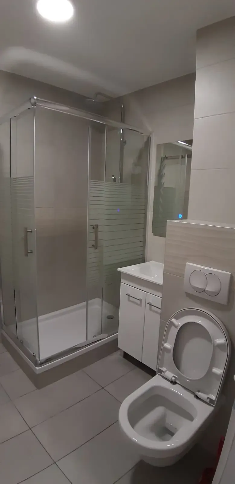 Isto kupatilo posle adaptacije: tuš kabina, lavabo i konzolna WC šolja